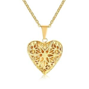 Heart Locket Necklace Gold Tone Stainless Steel Filigree Pendant‎ Jewelry